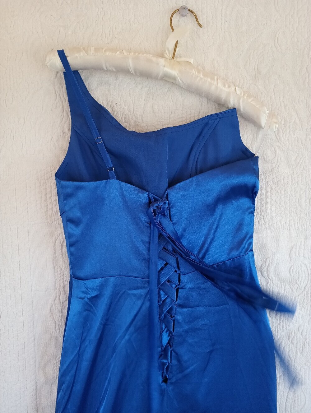 Satin One-Shoulder Evening Gown Cobalt Blue Corset Back Flowy Colorful Goddess - Picture 6 of 9